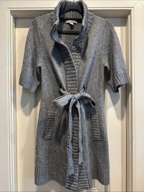 Banana Republic Gray Short-Sleeve Knit Cardigan with Tie Belt